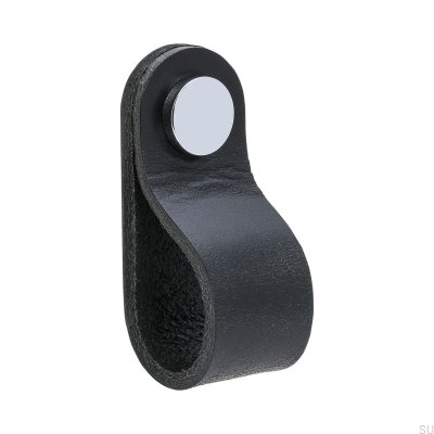 Bouton de meuble Loop Round 65, cuir noir et chrome