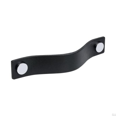 Poignée de meuble longue Loop 128, cuir noir avec chrome