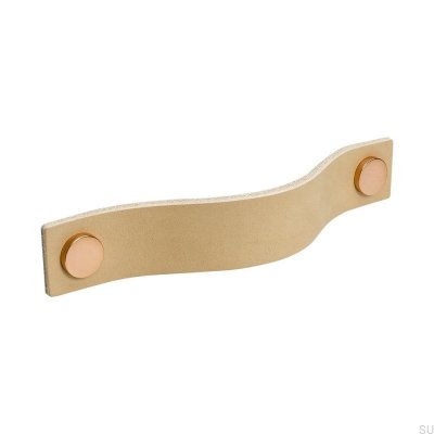 Poignée de meuble longue Loop 128, cuir naturel avec cuivre
